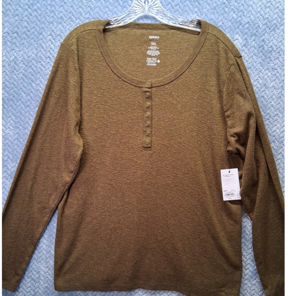 NWT Sonoma Goods For Life Womens XXL Henley Top Allen Olive Long Sleeve Ribbed